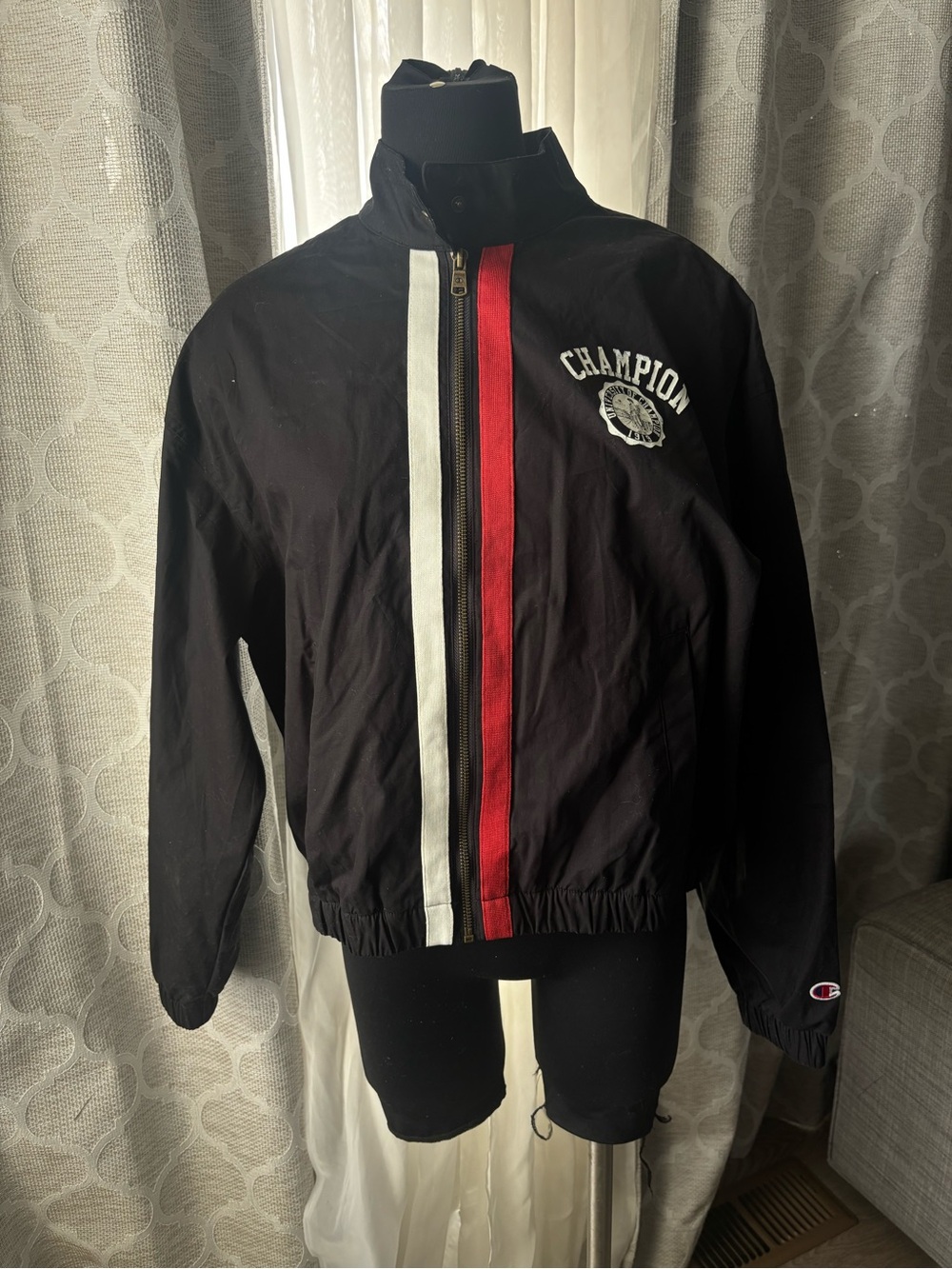 Champion Jacket Womens XL Black Cotton Windbreaker Full Zip University Logo